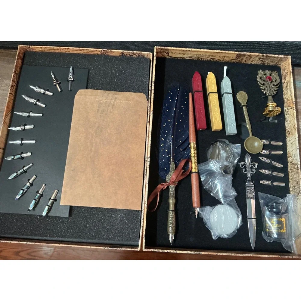 Calligraphy Quill Pen and Wax Seal Set Mappe Monde Map Gift Box 28pc‎